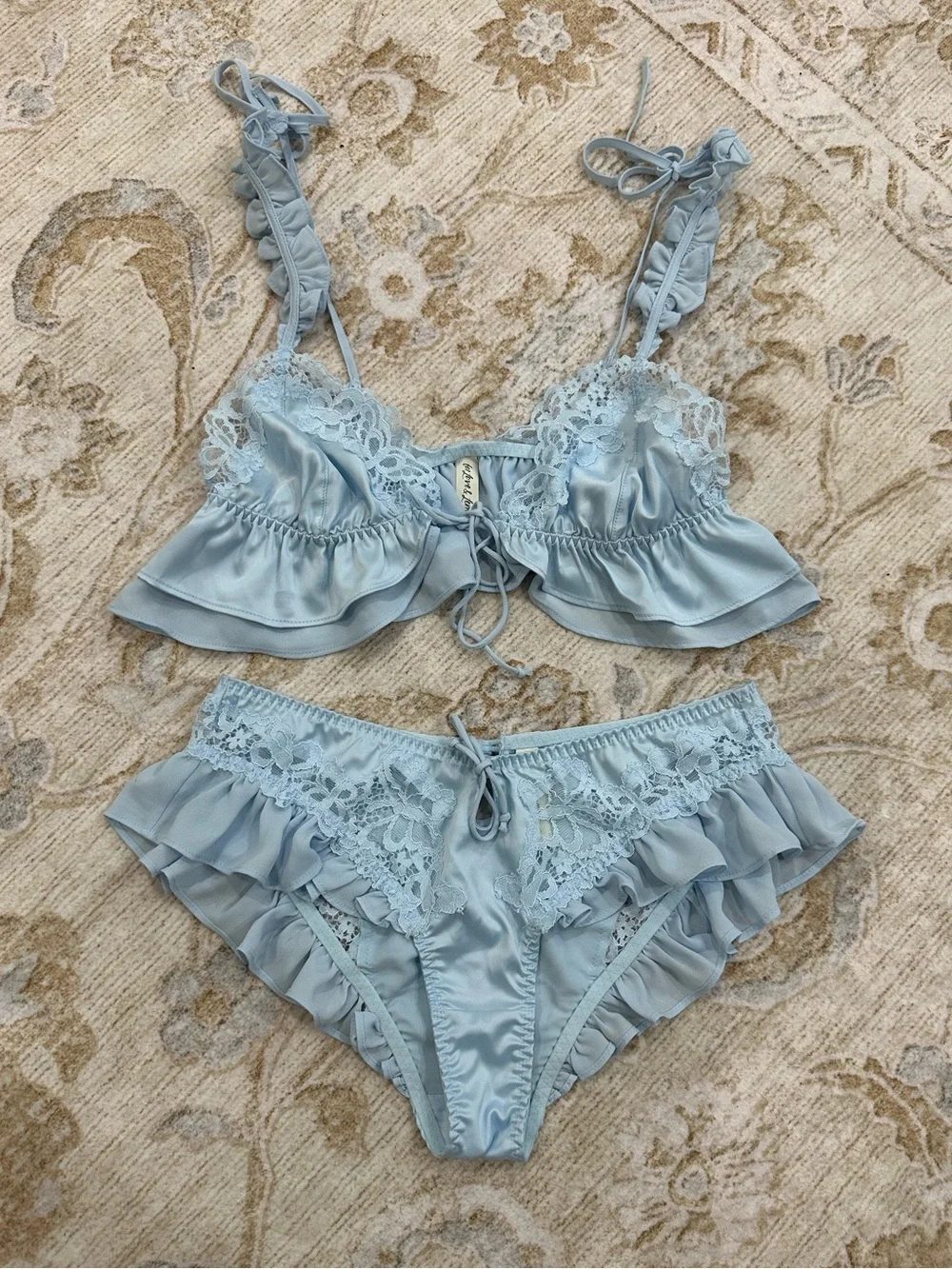 For Love and Lemons Light Blue Lace & Ruffle Satin Lingerie Set